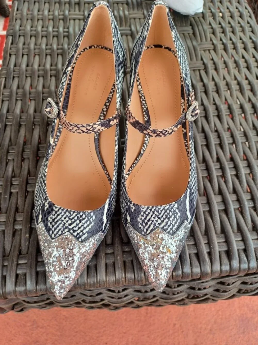 Coach x Tabitha Simmons Silver Glitter Snakeskin Mary Jane Heels 7.5